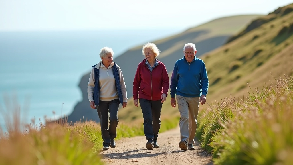 Group of three older adults walking together on outdoor path, enjoying a group walk, natural landscape